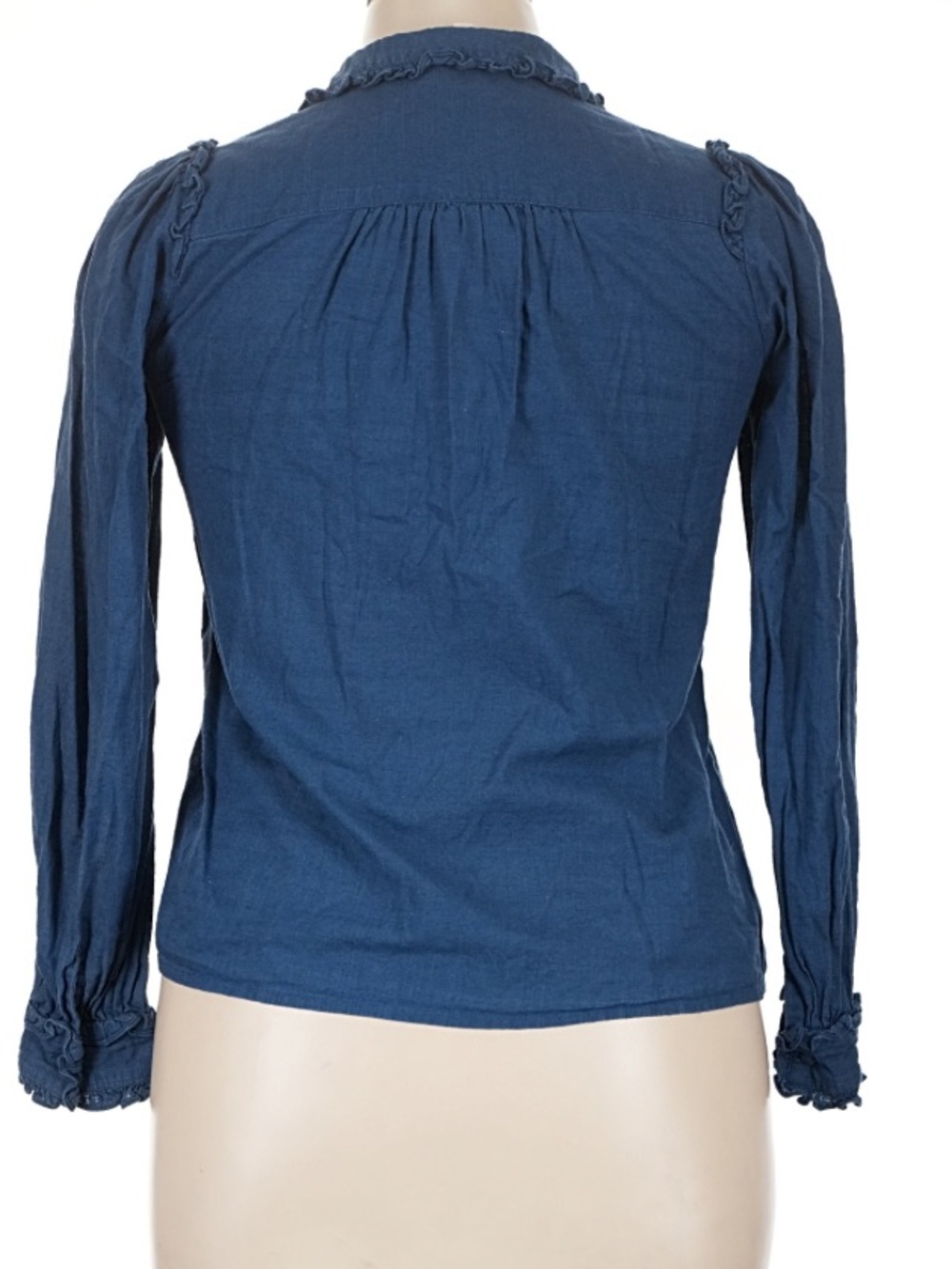 Sezane MacKenzie Blue Maquis Ruffle Puff Sleeve Button Down Blouse - Picture 6 of 9